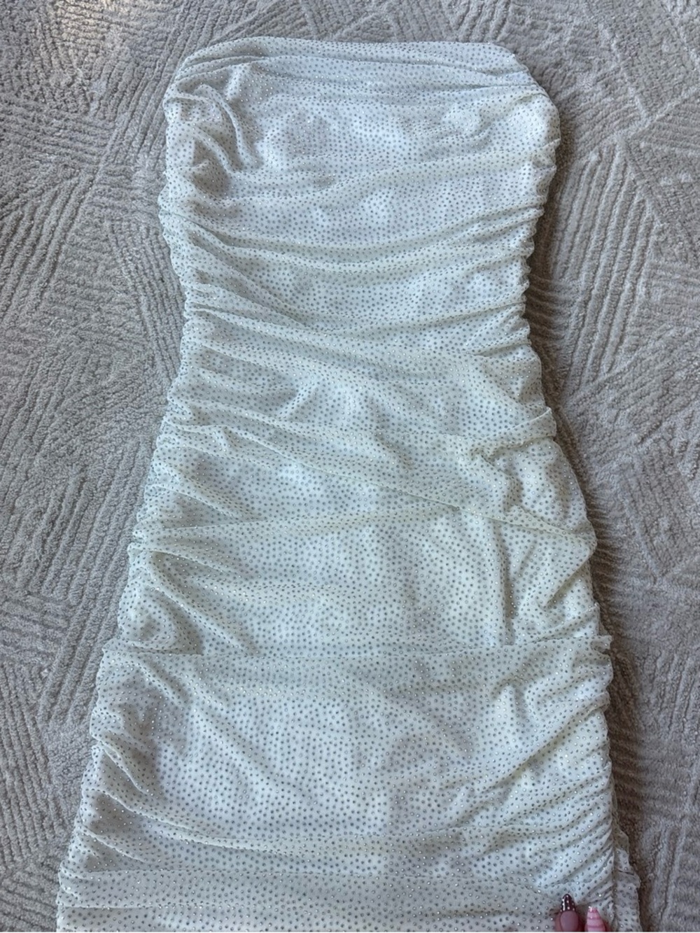 White Ruched Mini Dress with Silver Sparkle
